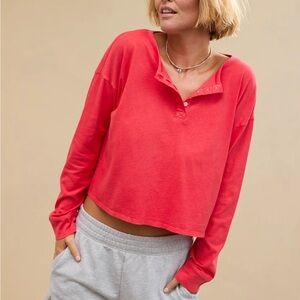 Aerie Cotton Mix Henley Long Sleeve Shirt Size XS Hot Pink